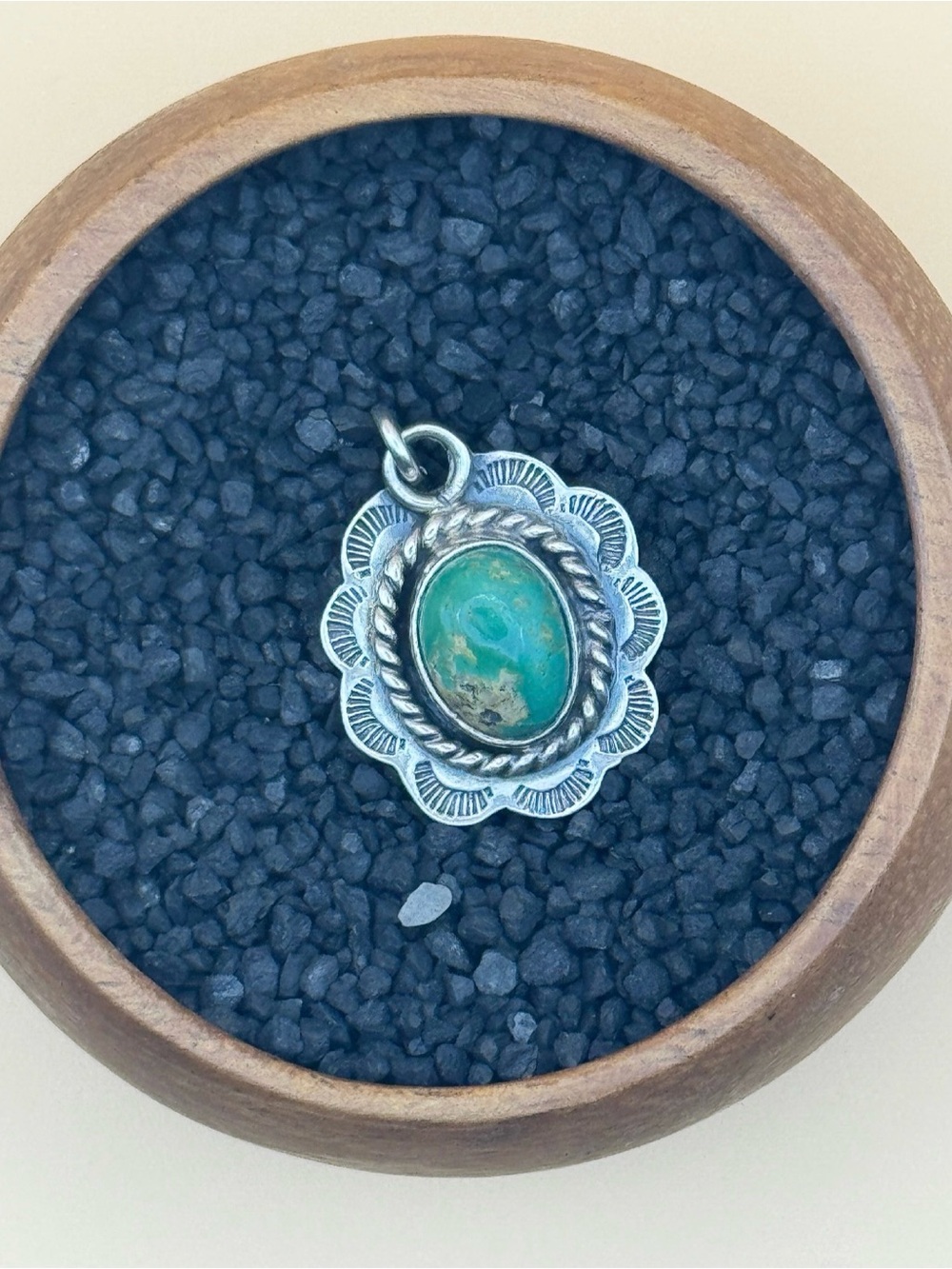 Sterling Silver Turquoise Pendant with Floral Frame signed JF/FJ